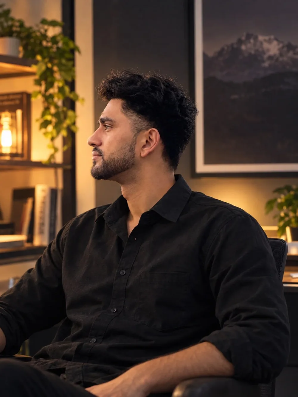 Vishal Bhattarai in profile, seated in a warmly lit room